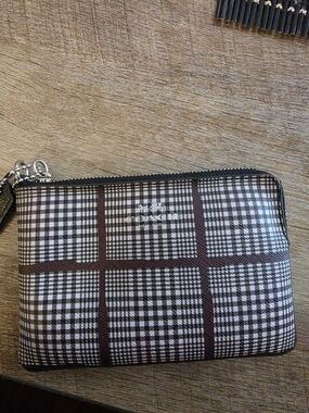 Coach Plaid Zip Wristlet in Burgundy, Black and Cream